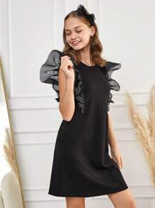 RueChic Teen Girl Contrast Mesh Ruffle Trim Dress - Black - View 5