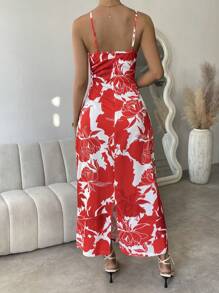 SHEIN VCAY In hoa cổ áo xếp nếp Váy Dây - Đỏ và trắng - Xem 2