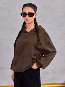 Teen Girl Expression Print Drop Shoulder Kangaroo Pocket Sweatshirt - Brown - View 4