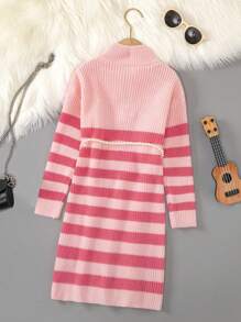 SHEIN Tween Girl Striped Pattern Quarter Zip Drop Shoulder Sweater Dress Without Belt - Multicolor - View 2