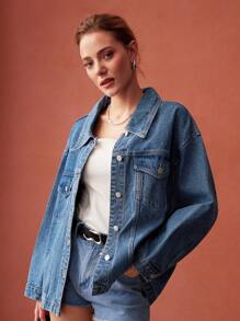 MOTF PREMIUM RHINESTONE FRINGE OVERSIZED DENIM JACKET - Medium Wash - View 4