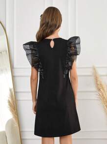 RueChic Teen Girl Contrast Mesh Ruffle Trim Dress - Black - View 2