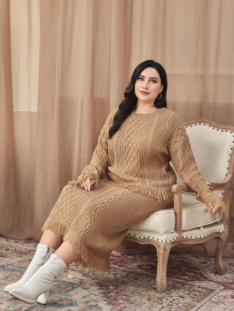 Mulvari Hơn Viền rìa Thả vai Sweater & Knit Skirt - Lạc đà - Xem 1
