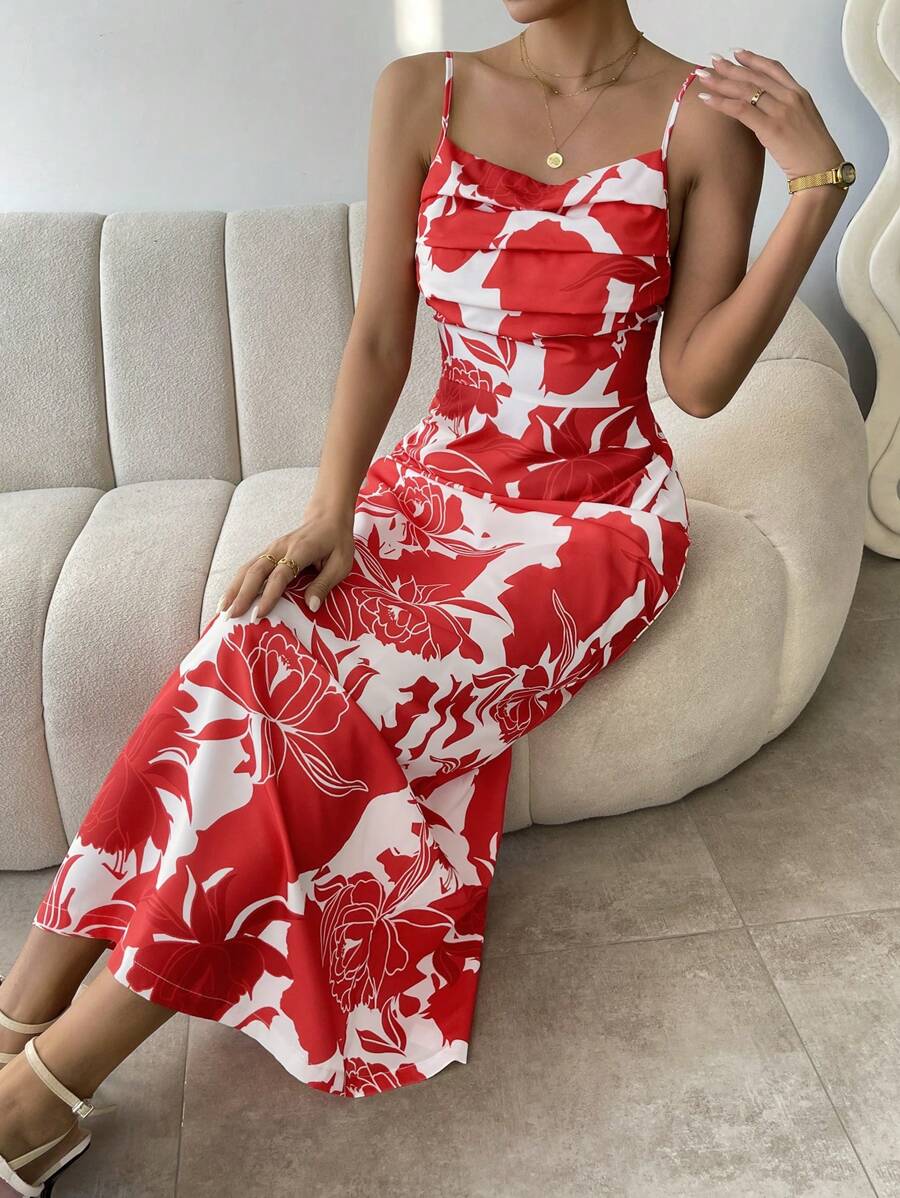 SHEIN VCAY In hoa cổ áo xếp nếp Váy Dây - Đỏ và trắng - Xem 1