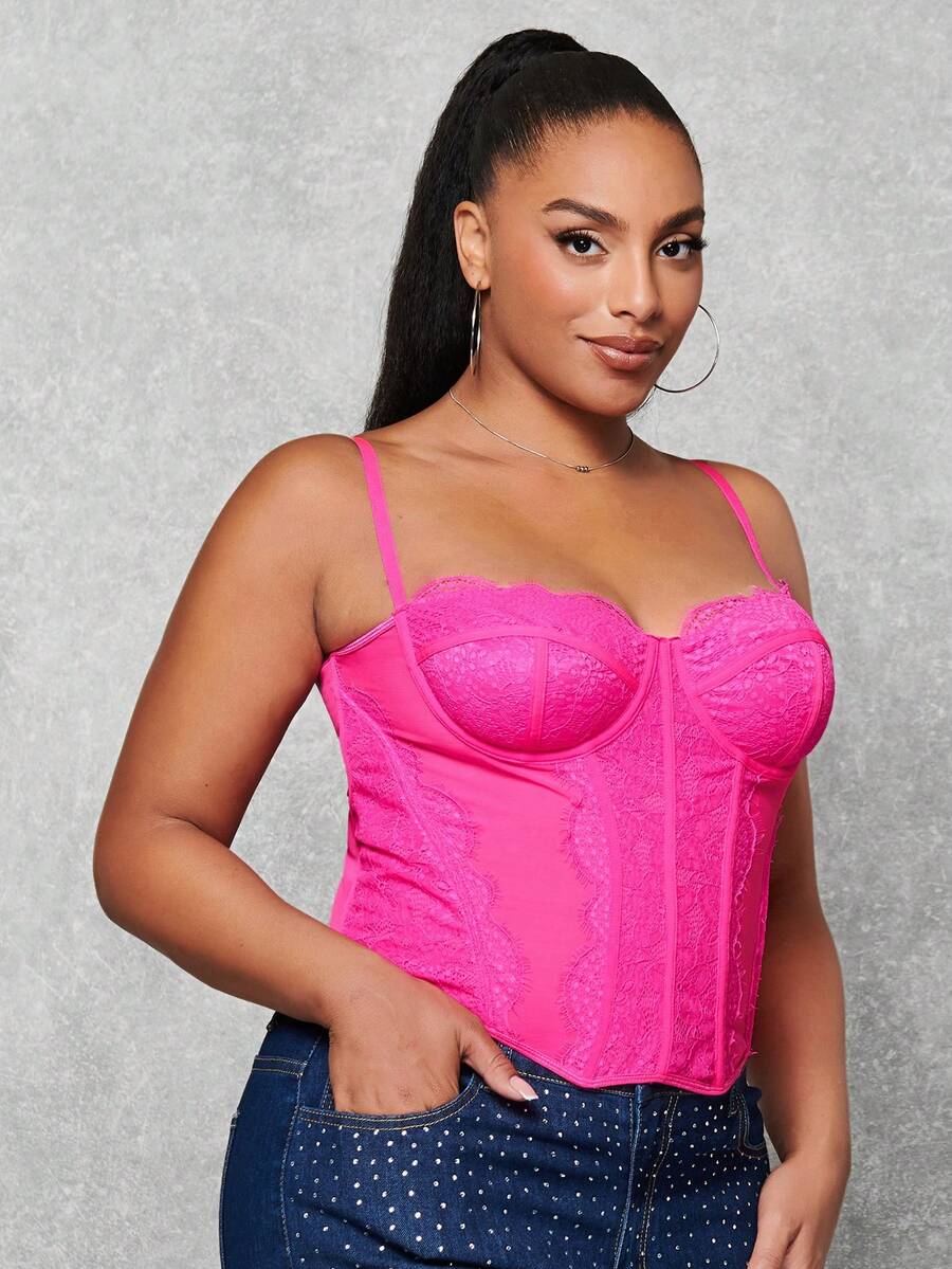 SHEIN BAE Hơn Mảnh Lace Áo yếm ôm sát ngực - Màu Hồng Tươi - Xem 1