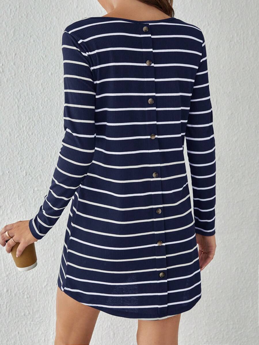 SHEIN Tall 條紋印花後紐扣T恤洋裝 - 藏蓝色 - 查看 1