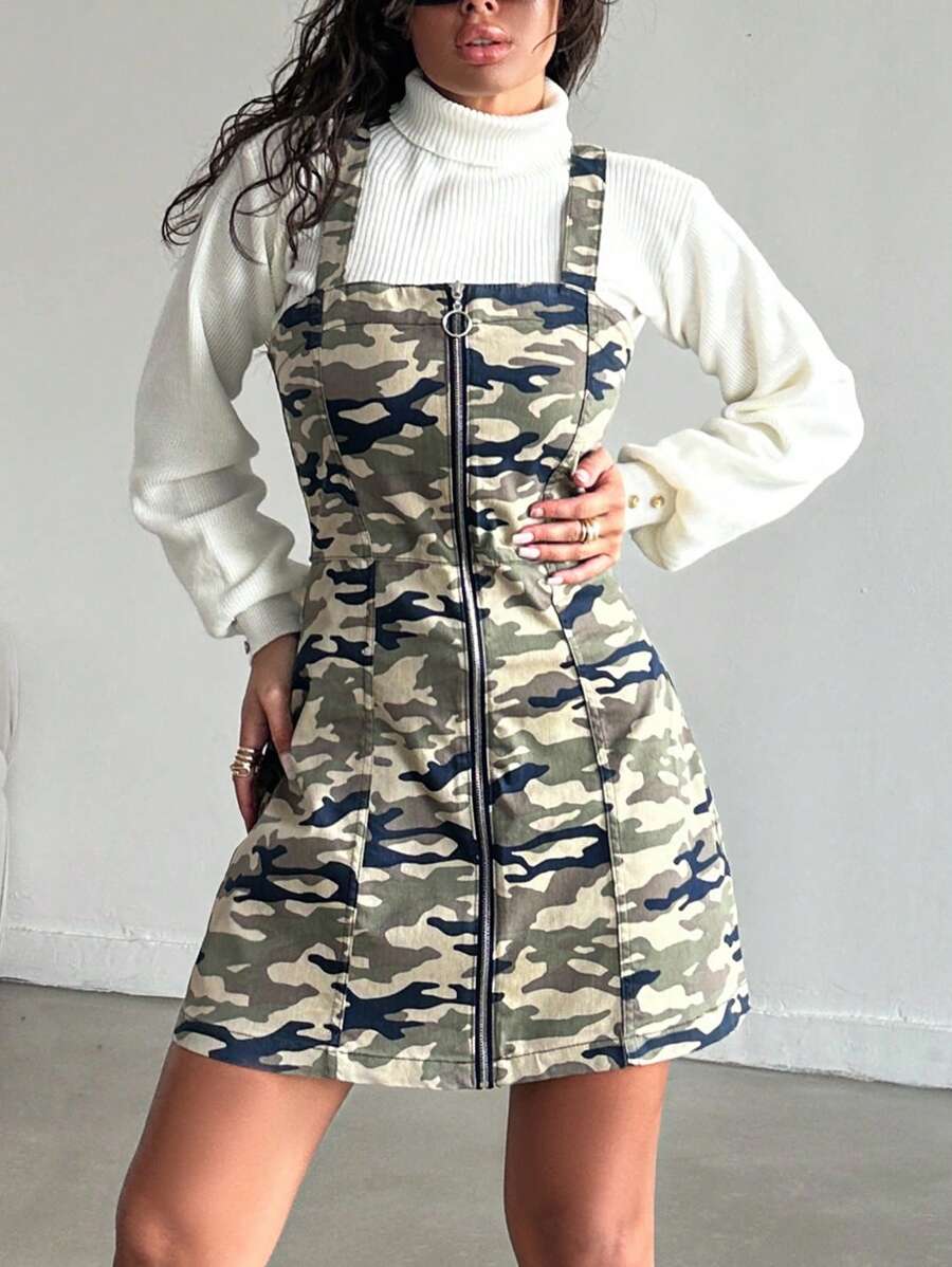 RueChic Camo Print Zip Up Denim Overall Dress Without Sweater - Army Green - View 1