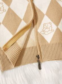 Baby Boy Argyle & Cartoon Pattern Hooded Cardigan Without Tee - Khaki - View 6