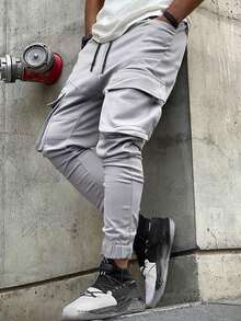 Manfinity EMRG 男士翻蓋口袋腰部抽繩工裝褲 - 淺灰色 - 查看 3