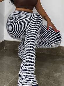 Striped Flare Leg Pants - Black and White - View 4