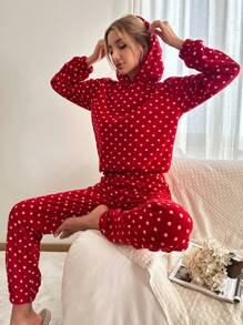 RueChic Polka Dot Print Hooded PJ Set - Red - View 3