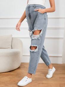 SHEIN Maternity Ripped Cut Out Tapered Jeans - Light Wash - View 5
