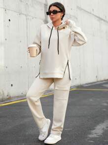 RueChic Drop Shoulder Split Hem Drawstring Hoodie & Pants - Beige - View 4