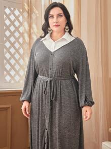 Mulvari Plus Contrast Collar Belted Dress - Grey - View 6