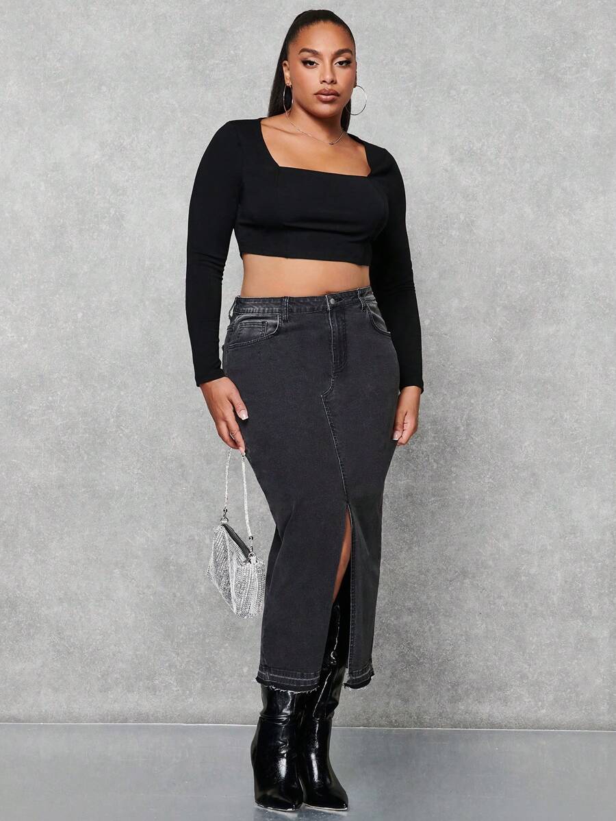 SHEIN BAE Hơn Cao eo Tách đùi Váy Denim - Xám - Xem 1