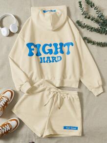 SHEIN EZwear Đồ họa Chữ cái Thả vai Hoodie & Eo dây rút Quần short - Màu be - Xem 1