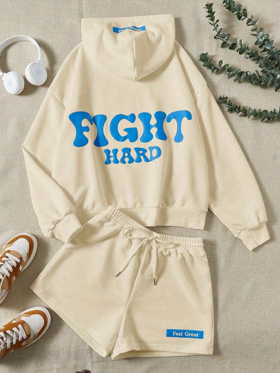 SHEIN EZwear Đồ họa Chữ cái Thả vai Hoodie & Eo dây rút Quần short - Màu be - Xem 1