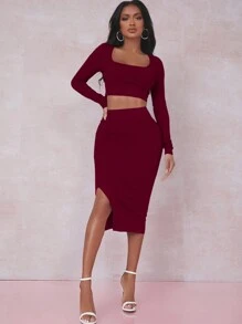 EURMUSE Solid Crop Tee & Split Thigh Skirt - Burgundy - View 5