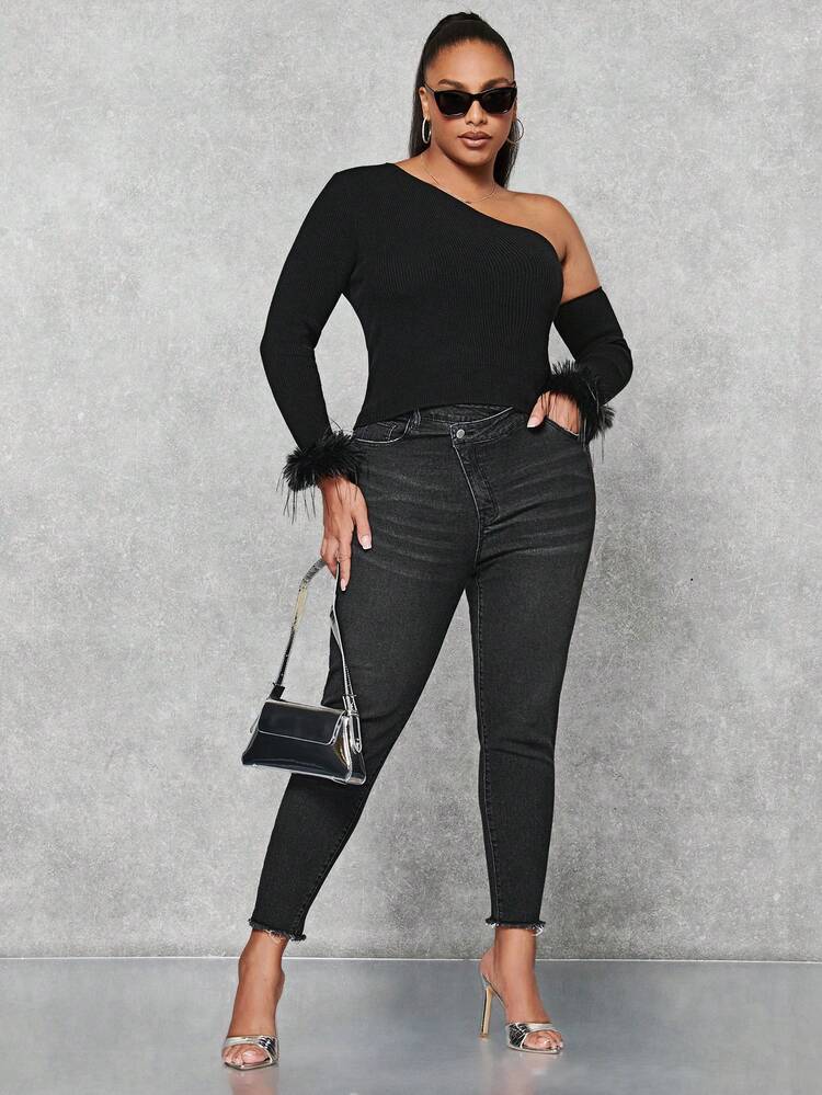 Plus Size Women One Shoulder Sweater With Fringed Cuffs