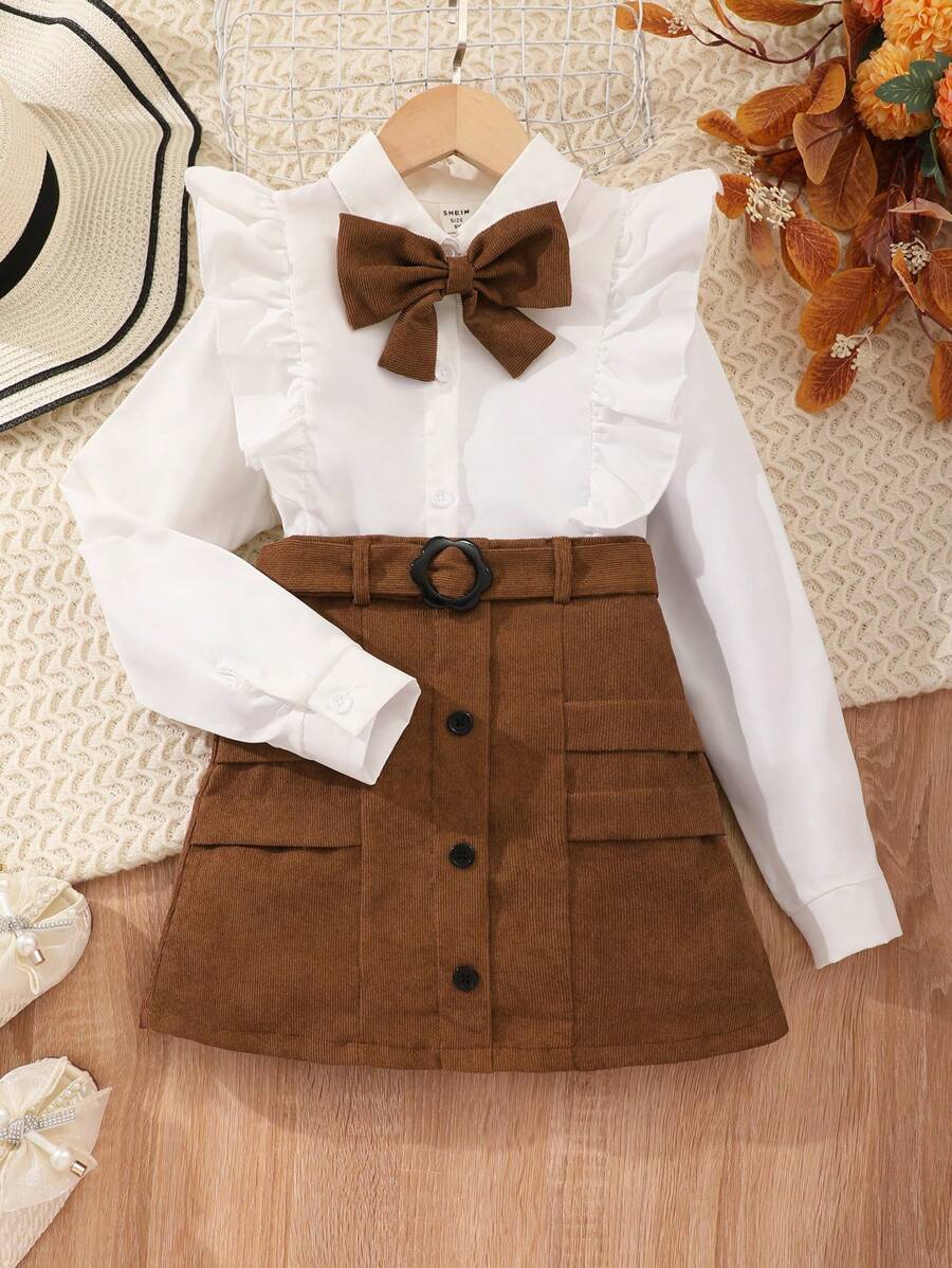 SHEIN Tween Girl Bow Decor Patchwork Ruffle Hem Long Sleeve Shirt And Mini Skirt Casual Set - Brown - View 1