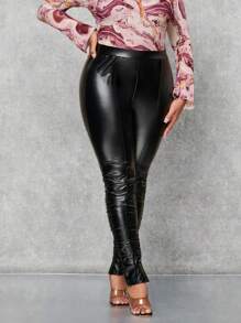 SHEIN BAE 大碼高腰褶邊下擺開叉PU皮打底褲 - 黑色 - 查看 1