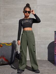 SHEIN Tween Girl Flap Pocket Side Cargo Pants - Army Green - View 3