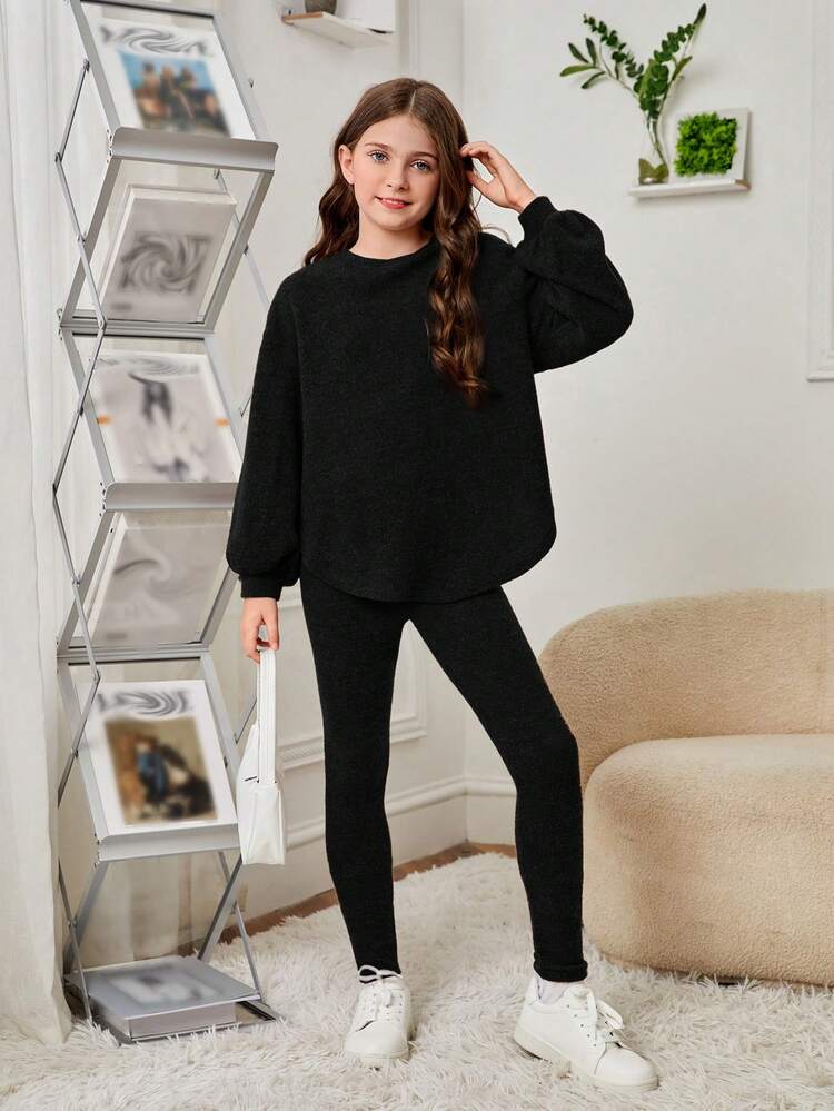 Tween Girl Drop Shoulder Curved Hem Tee & Leggings