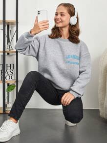 RueChic Teen Girl Letter Embroidery Drop Shoulder Sweatshirt - Grey - View 1