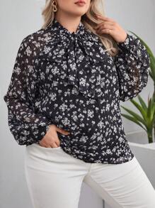 SHEIN Frenchy Plus Floral Print Tie Neck Lantern Sleeve Blouse - Black - View 5