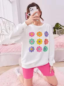 SHEIN 青少年女孩印花落肩袖套頭衫&騎行褲 - 西瓜粉 - 查看 1