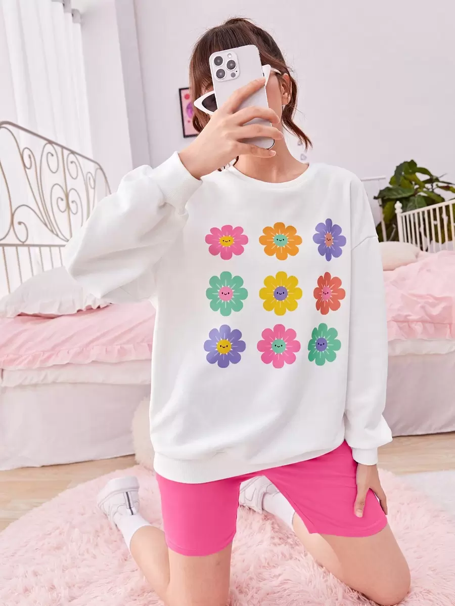 SHEIN 青少年女孩印花落肩袖套頭衫&騎行褲 - 西瓜粉 - 查看 1