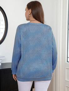 Calvaya Sudadera casual de cuello redondo con estampado de gato de dibujos animados para mujer talla grande en otoño/invierno - Azul - Ver 2