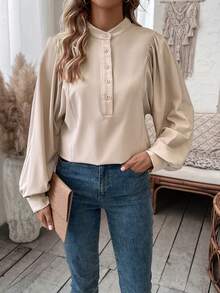 SHEIN LUNE Half Button Lantern Sleeve Blouse - Apricot - View 4