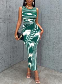 SOLERSUN Allover Print Cut Out Waist Bodycon Dress - Dark Green - View 6
