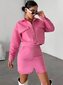 EURMUSE Flap Pocket Drop Shoulder Denim Jacket & Split Hem Skirt - Pink - View 3