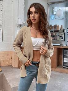 SHEIN LUNE Áo khoác cardigan thả vai dệt kim cáp - Màu Khaki - Xem 6