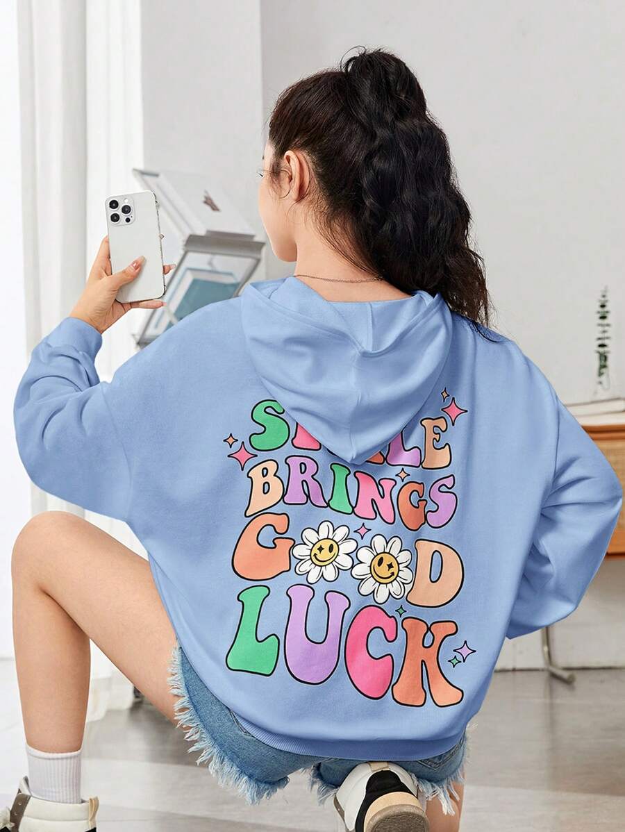 SHEIN Teen Girl Slogan Graphic Drop Shoulder Hoodie - Baby Blue - View 1