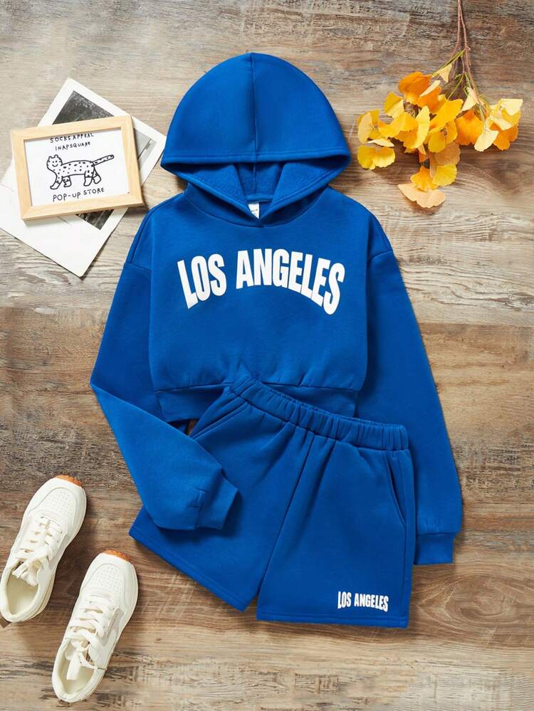 Teen Girl Letter Graphic Thermal Hoodie & Shorts