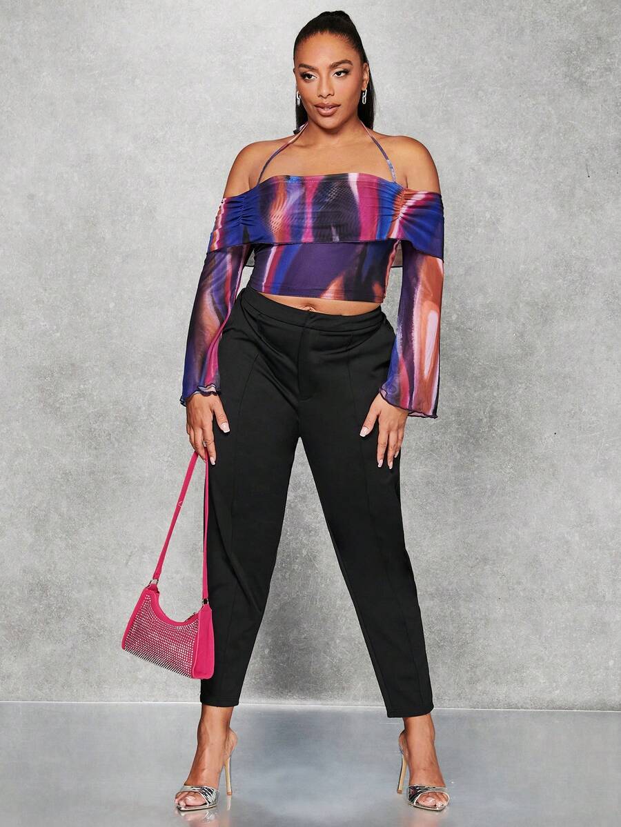 SHEIN BAE Plus Tie Dye Tie Backless Crop Halter Top - Multicolor - View 1