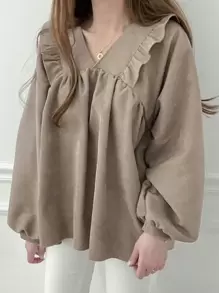 DAZY 纯色荷叶边灯笼袖罩衫、长袖上衣、秋装 - 卡其色 - 查看 7