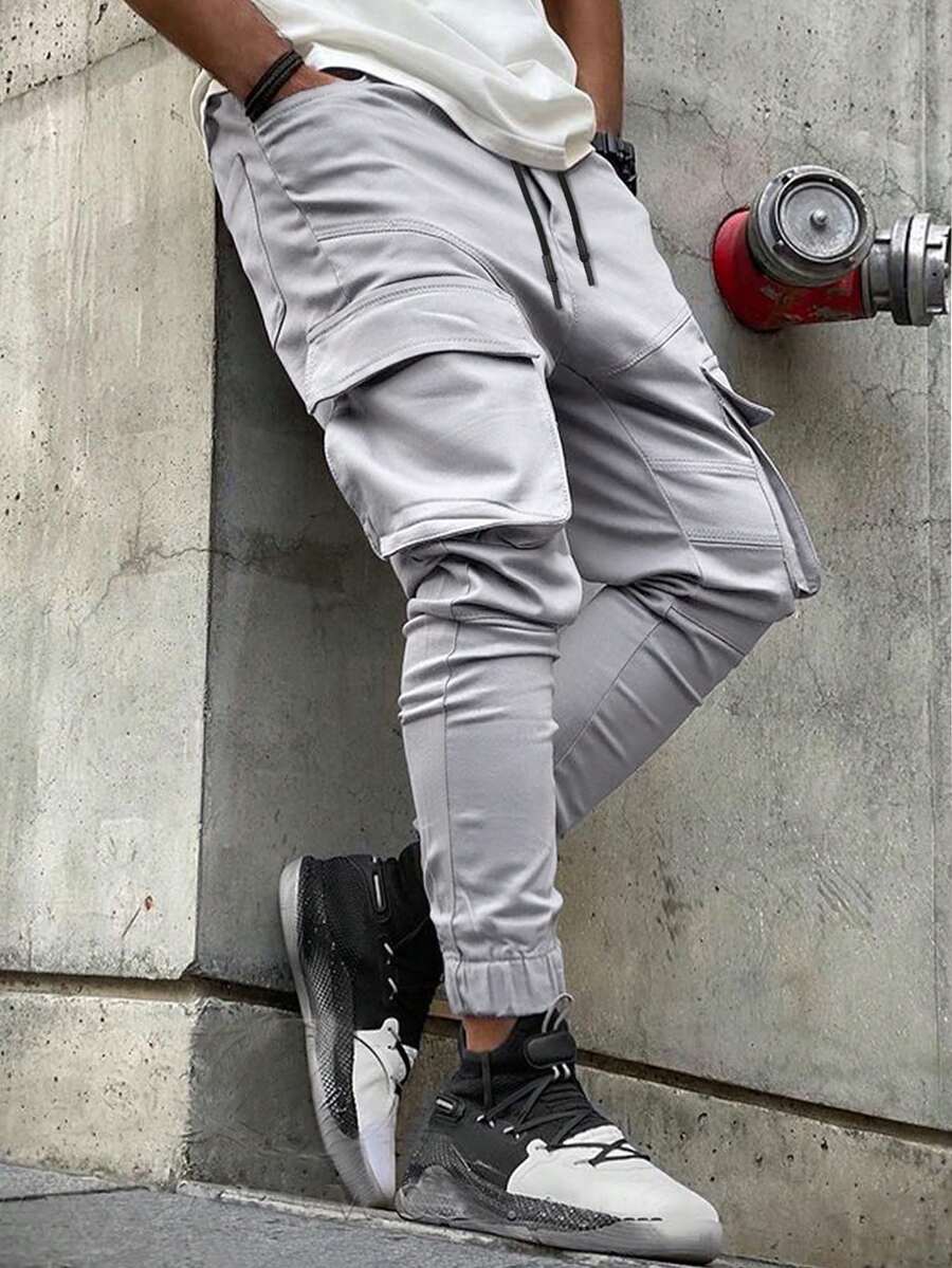 Manfinity EMRG 男士翻蓋口袋腰部抽繩工裝褲 - 淺灰色 - 查看 1