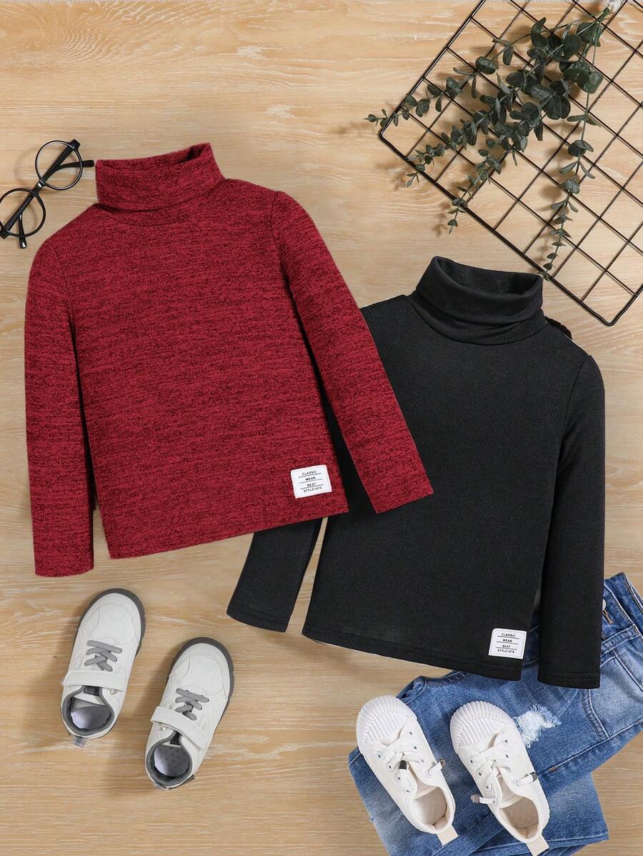 SHEIN Young Boy 2pcs Letter Patched Detail Turtle Neck Tee - Multicolor - View 1