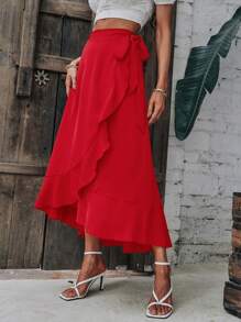 SHEIN LUNE Solid Ruffle Hem Wrap Knot Skirt Fall Cloth For Women