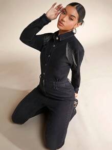 SHEIN BAE 前紐扣喇叭牛仔連身褲 - 深灰色 - 查看 3