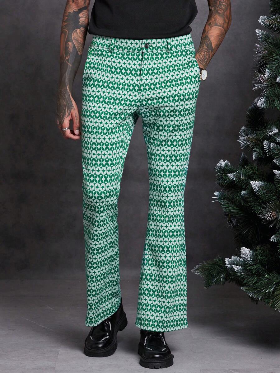 GENTILAND Men Geo Print Flare Leg Suit Pants - Black and White - View 1