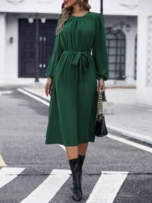 SHEIN Clasi Chất rắn Tay áo lồng đèn Váy có thắt lưng - Màu xanh lá cây đậm - Xem 4