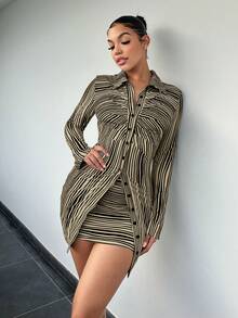 SHEIN SXY 條紋印花前紐扣襯衫&包臀半身裙 - 卡其色 - 查看 3