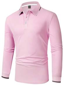 Manfinity Homme Men Contrast Trim Polo Shirt, Pink Tops For Men, Polo Shirts For Men Long Sleeve, Baby Pink Shirt For Men, Fall - Pink - View 3