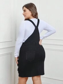 SHEIN Privé Hơn In hoa Báo Rách Đầm denim Without Tee - màu đen - Xem 2