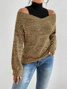 SHEIN Unity Hai âm Vai lạnh 2 trong1 Áo len - Màu Khaki - Xem 6